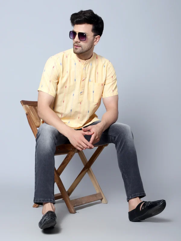 Men's Yellow Cotton Kurta with Multicolor Embroidered Stripes