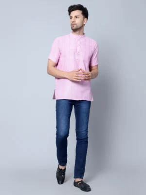 Men's Pink Cotton Kurta with Sky Blue Striped Print and Mandarin Collar