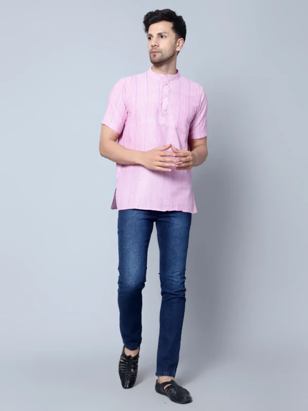 Men's Pink Cotton Kurta with Sky Blue Striped Print