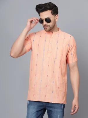 Men's Light Peach Cotton Kurta with Multicolor Embroidered Stripes & Mandarin Collar