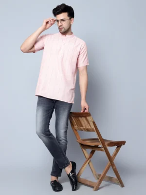 Men's Peach Cotton Kurta with Sky Blue Striped Print and Mandarin Collar