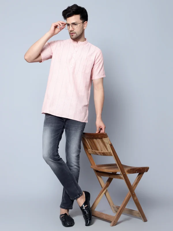 Men's Peach Cotton Kurta with Sky Blue Striped Print