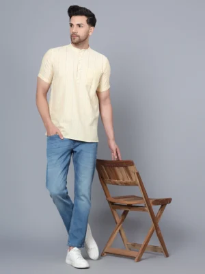 Men's Half Cotton Kurta with Light Blue & Yellow Striped Print and Mandarin Collar