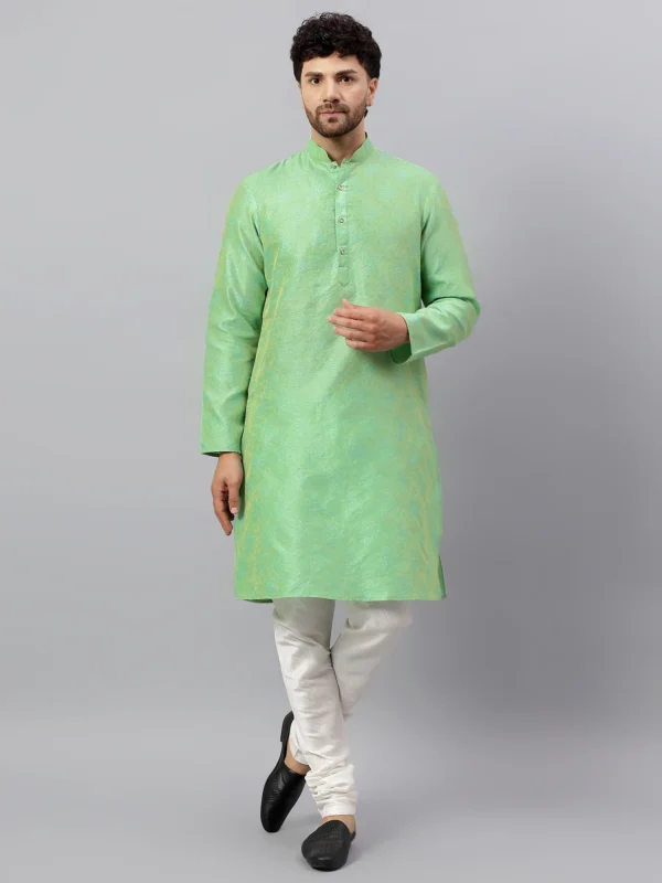 Men's Green Jacquard Kurta with Mandarin Collar
