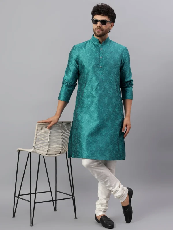 Men's Teal Green Jacquard Kurta with Mandarin Collar