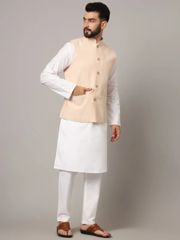 Men's Pastel Beige Textured Nehru Jacket | Festive & Ethnic Wear
