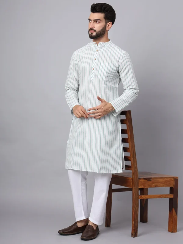 White & Firozi Striped Cotton Kurta