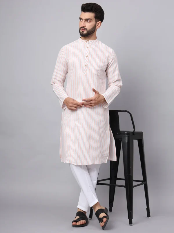 White & Peach Striped Cotton Kurta