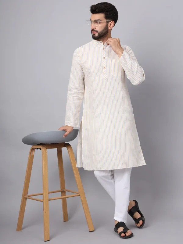 White & Yellow Striped Cotton Kurta